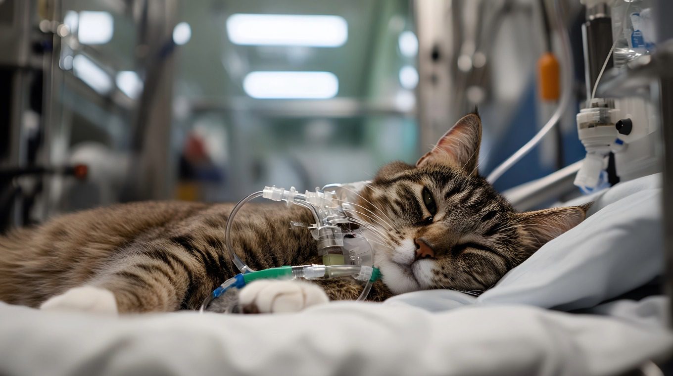brown tabby cat laying on medical bed with breathing tubes